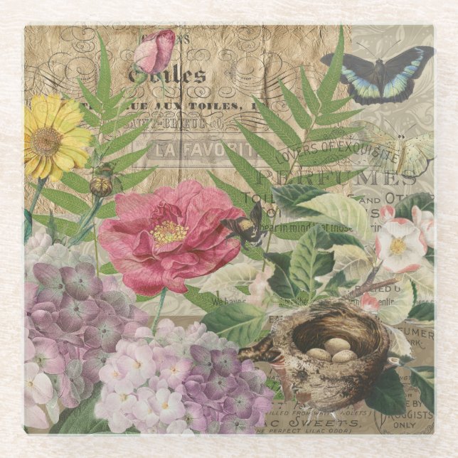 Bird Nest Floral Garden Blume Butterfly Art Glasuntersetzer (Vorderseite)