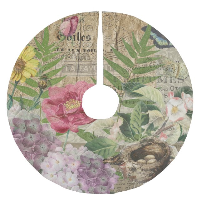 Bird Nest Floral Garden Blume Butterfly Art Polyester Weihnachtsbaumdecke (Vorderseite)