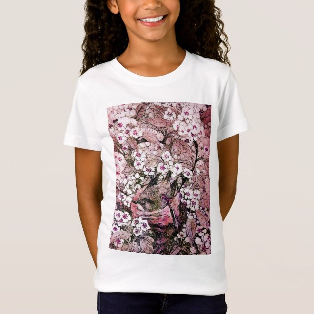 BIRD NEST, PINK WEISSE FRÜHBLUMEN UND BAUM T-Shirt (Vorderseite)