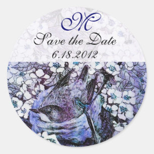 BIRD NEST Save the Date Monogramm, weiß blau Runder Aufkleber