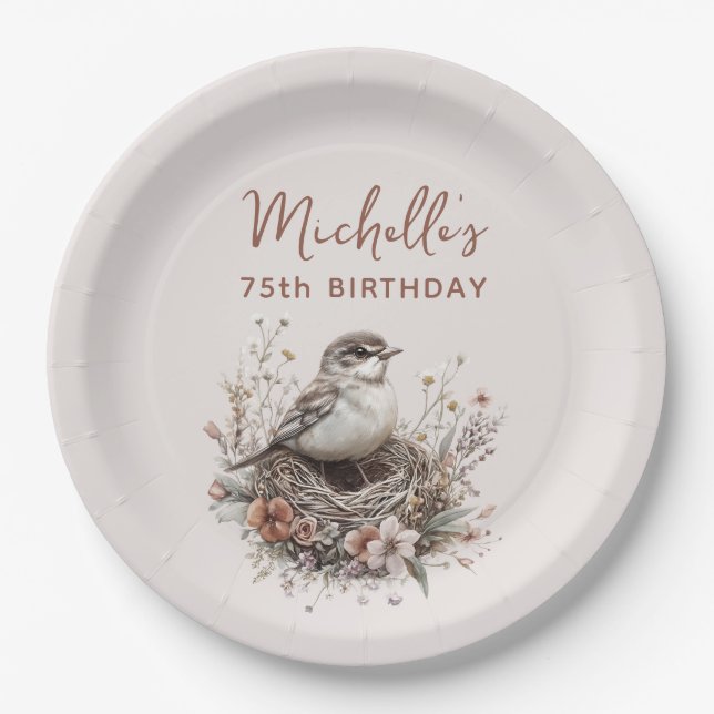 Bird Nest Terracotta Pink 75. Geburtstag Pappteller (Vorderseite)
