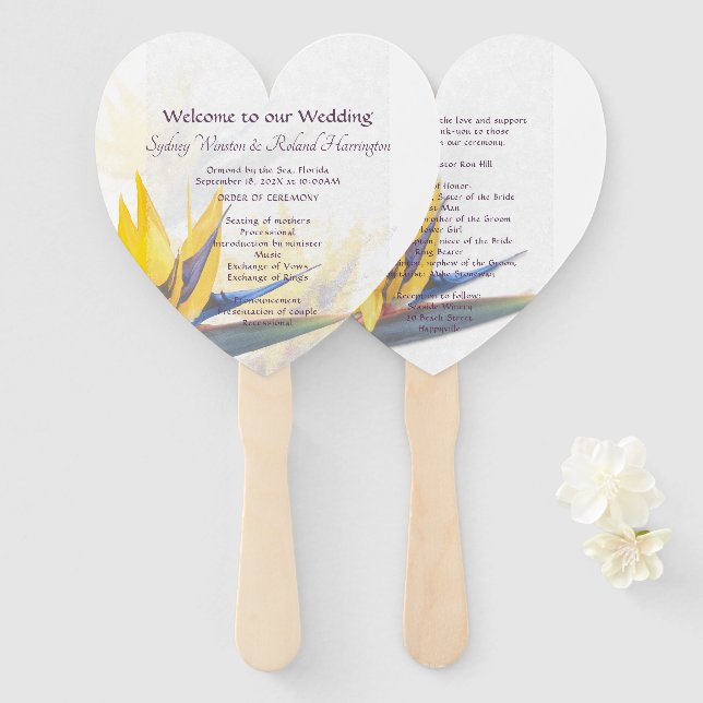 Bird-of-Paradise Herz-Shaped Wedding Fan Programm Fächer (Vorne und Hinten)