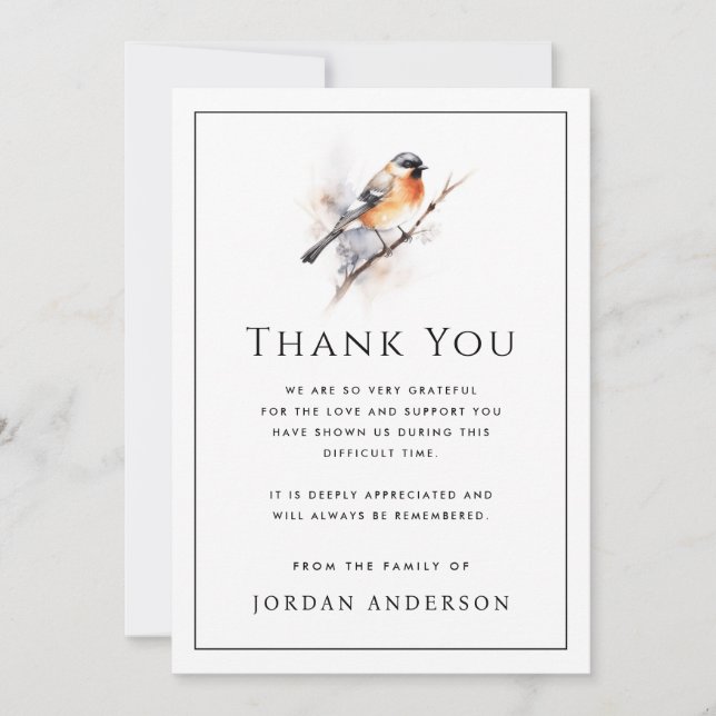 Bird on branch thin border funeral memorial dankeskarte (Vorderseite)