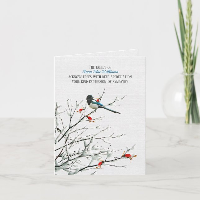 Bird on Winter Branch Beileid Vielen Dank Dankeskarte (Vorderseite)