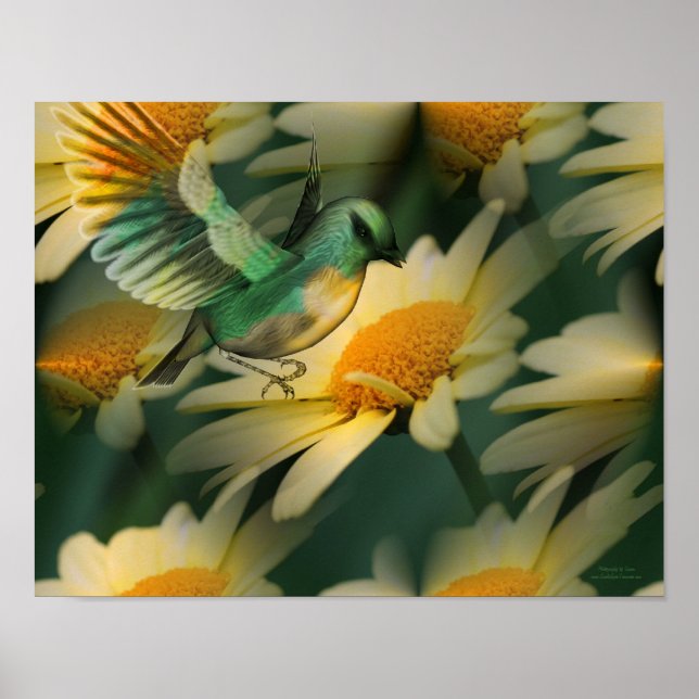 Bird on Yellow Daisis Fantasy Art Poster (Vorne)
