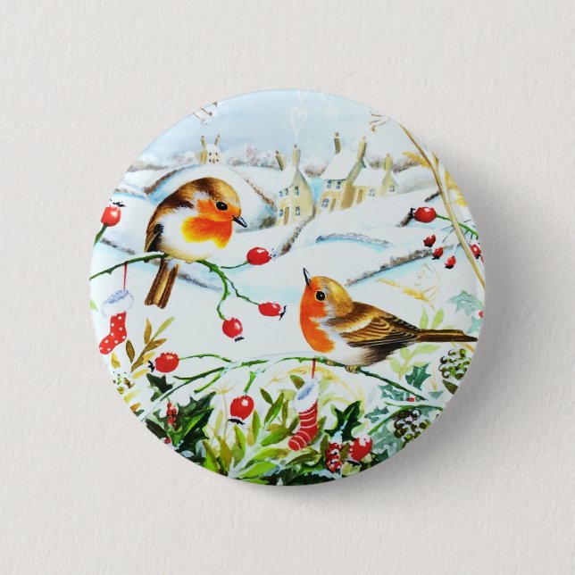 Bird Robin Couple Winter Holly Weihnachten Button (Vorderseite)