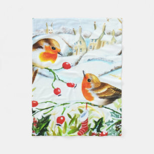 Bird Robin Couple Winter Holly Weihnachten Fleecedecke