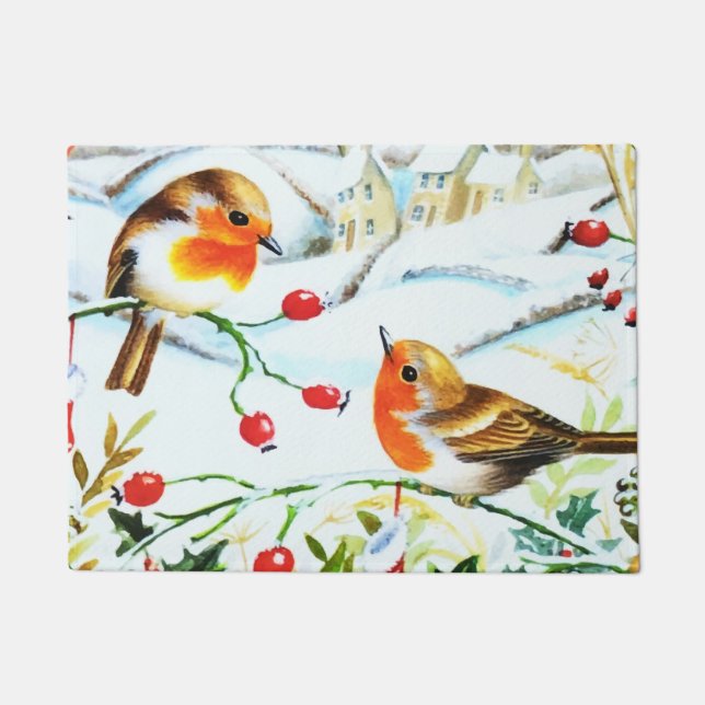 Bird Robin Couple Winter Holly Weihnachten Fußmatte (Vorderseite)
