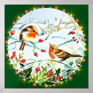 Bird Robin Couple Winter Holly Weihnachten Poster