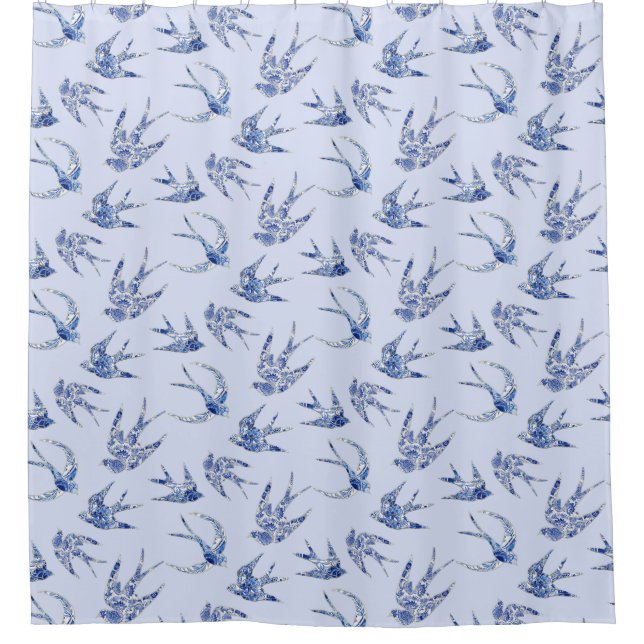 Bird Swallow Blues Blau Vintag Chinoiserie Duschvorhang (Vorderseite)