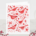 Bird Watercolor Red Feiertagskarte<br><div class="desc">Rote Wasserfarbenvögel und Blume auf weißem Hintergrund. Sie können den Gruß und die Namen ändern,  um sie zu personalisieren. Originelle Kunst von Nic Squirrell.</div>