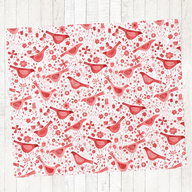 Bird Watercolor Red Fleecedecke (Red and white watercolor bird pattern art fleece blanket)