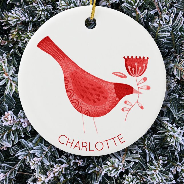 Bird Watercolor Red Personalisiert Keramik Ornament (Red watercolor bird personalized custom name Christmas ornament)