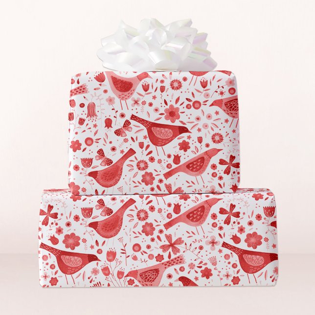 Bird Watercolor Red White Geschenkpapier (Pretty watercolor red and white bird and flower gift wrap)