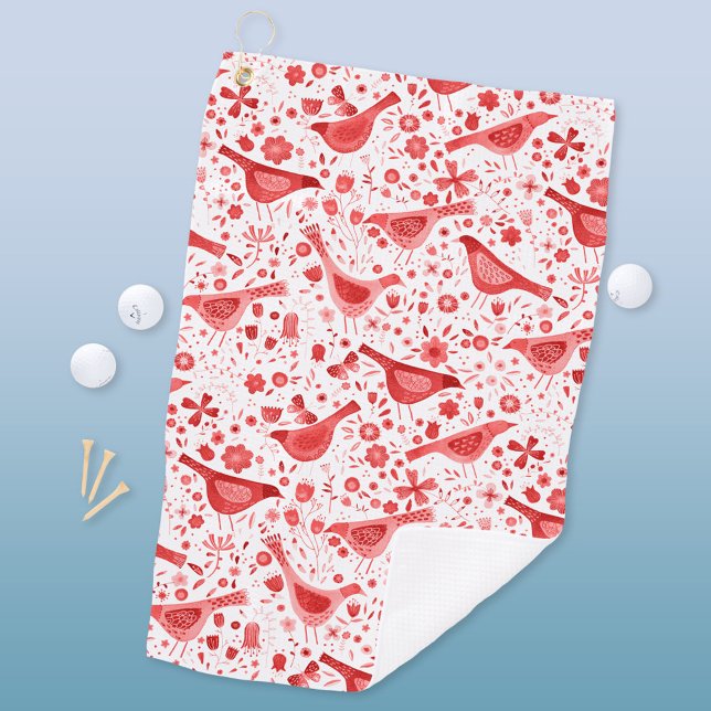 Bird Watercolor Red White Golfhandtuch (Red and white watercolor bird pattern art golf towel)