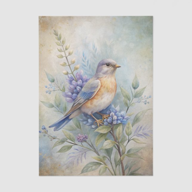 Bird with Flowers in Shades of Blue and Purple Seidenpapier (Vorderseite)