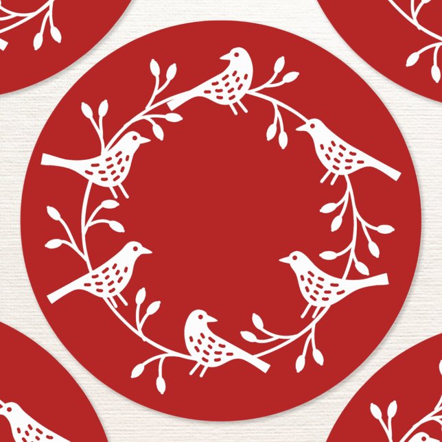 Bird Wreath Moderner skandinavischer Stil Runder Aufkleber (Scandinavian style red and white bird wreath sticker)