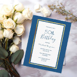Birday Party Blue White Gold Einladung Postkarte<br><div class="desc">vorne: Ein klassisch blauer Hintergrund mit einem goldgelben und weißen Rahmen in den Imitaten. Einfach und elegant! Vorlagen für einen Namen und Party Details. Der Name und der Text: 50. (oder jedes Alter) Geburtstag werden mit einem handgeschriebenen Stift geschrieben, blaue Buchstaben. Ideal für einen Winter-, Frühlings- oder nautischen Sommer Geburtstagsparty!...</div>