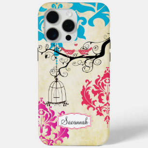 Birdcage Bird Pink Coral Aqua Damask iPhone Case
