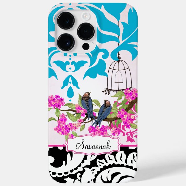 Birdcage Love Bird Pink Aqua Damask iPhone Case (Rückseite)