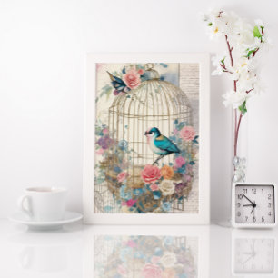 Birdcage Mixed Media Collage Ephemere Decoupage Poster