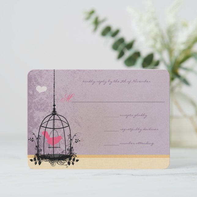 Birdcage Pink und Eggplant Einladungen zur Hochzei (Stehend Vorderseite)