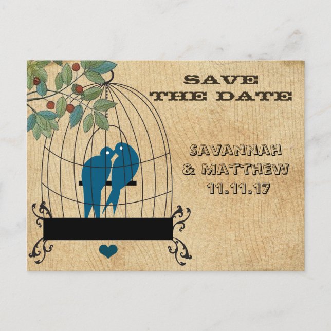 Birdcage Save the Date auf Holzkörner-Postkarte Ankündigungspostkarte (Vorderseite)