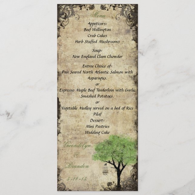 Birdcage und Tree Green Wedding Menu Card Menükarte (Vorderseite)
