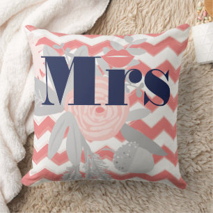 Birde Mrs Lips Navy Coral Gray Zig Zag Floral Kissen