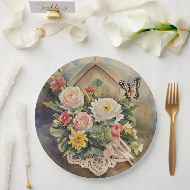 Birdhouse Bouquet Round - Paper Plate Pappteller (Hochzeit)