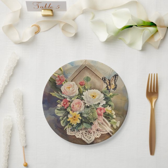 Birdhouse Bouquet - Sm Round Paper Plate Pappteller (Hochzeit)