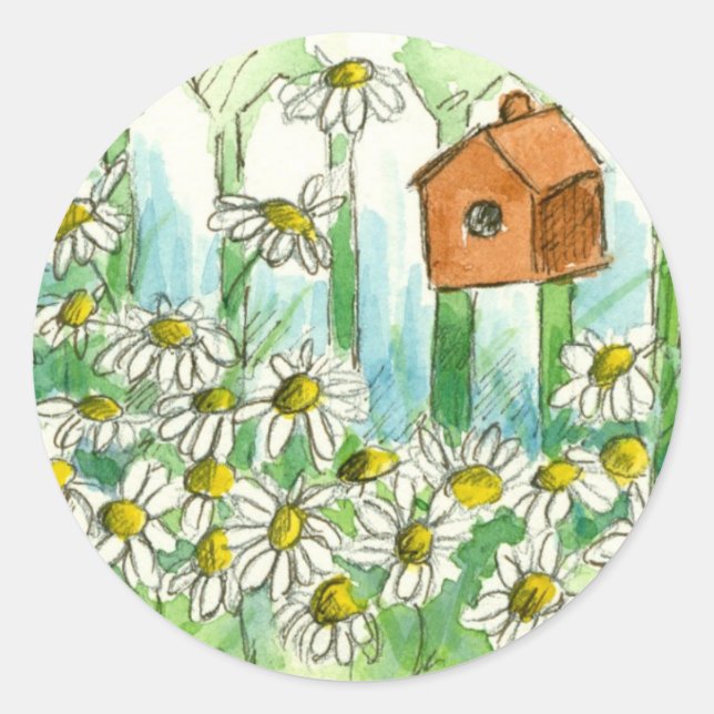 Birdhouse Daisy Garden Blume Runder Aufkleber (Vorderseite)