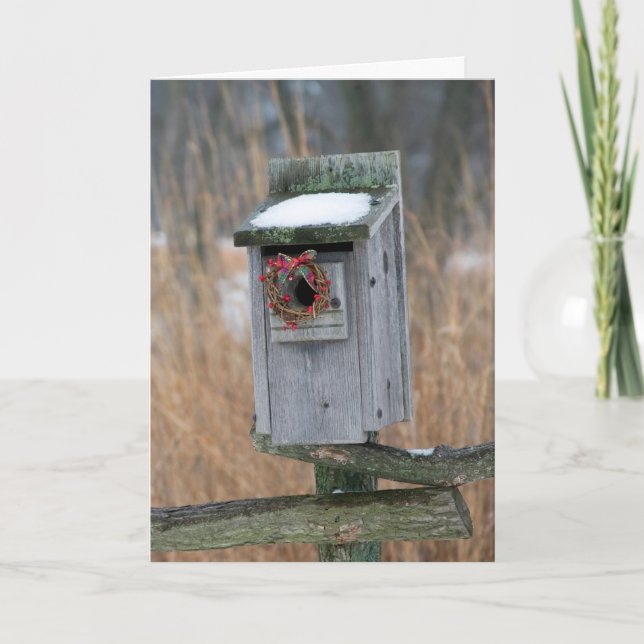 Birdhouse mit Holiday Wreath Feiertagskarte (Vorderseite)