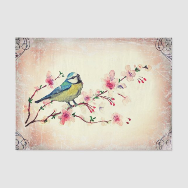 Birdie in Cherry Blossom Tree Decoupage Seidenpapier (Vorderseite)