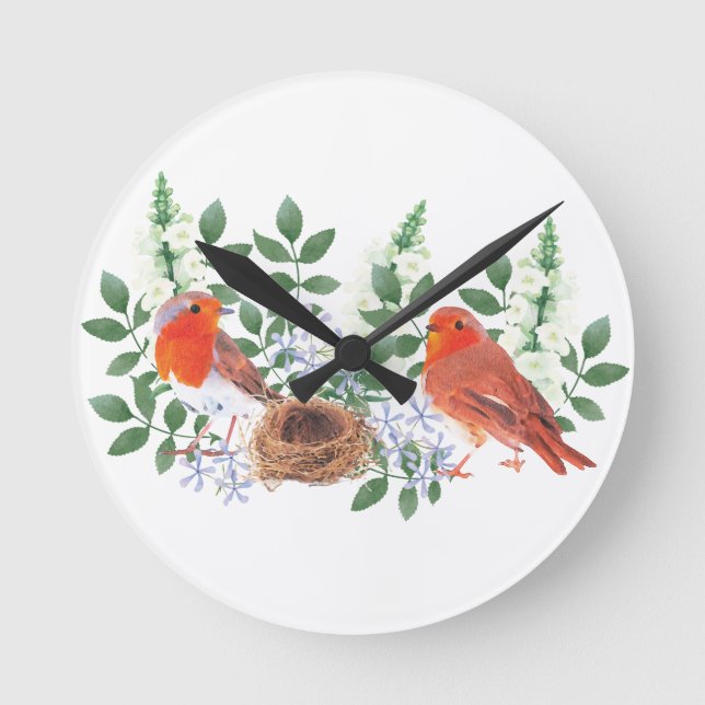 Birdies im Nest Runde Wanduhr (Vorderseite)