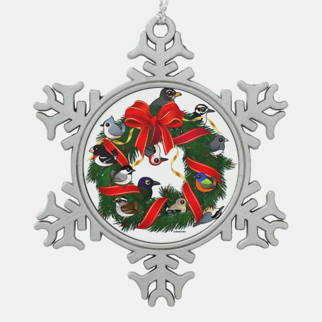Birdorable Na-Hinterhof-Vogel-WeihnachtsKranz Schneeflocken Zinn-Ornament (Vorderseite)