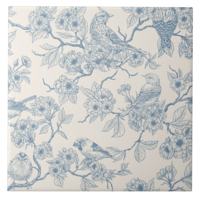 Birds and cherry blossom in blue and off white fliese (Vorderseite)
