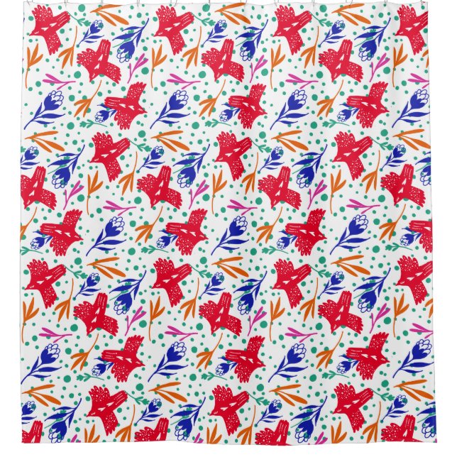 Birds and flowers in colorful pattern duschvorhang (Vorderseite)