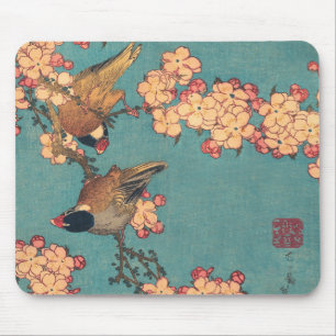 Birds and Flowers Japanese Art Pink Floral Mousepad