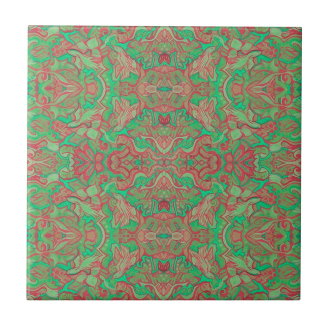 Birds Arabesque Oriental Bohemisch Boho Red Green Fliese (Vorderseite)
