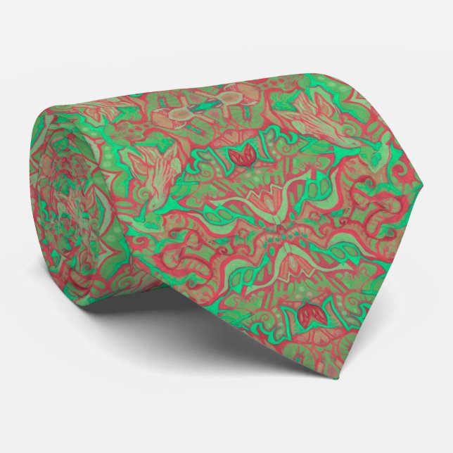 Birds Arabesque Oriental Bohemisch Boho Red Green Krawatte (Gerollt)
