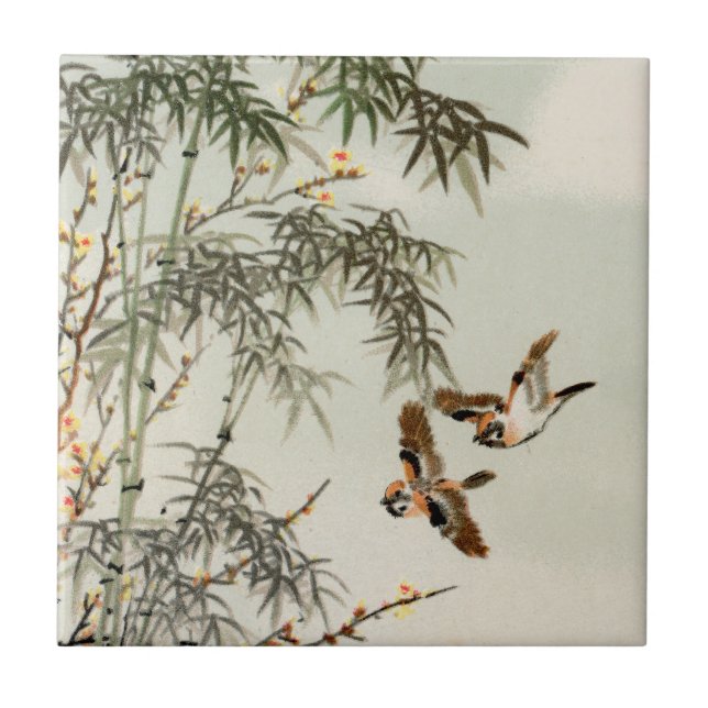 Birds Bamboo Asiatisch Japanisch Vintag Fliese (Vorderseite)