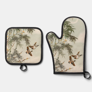 Birds Bamboo Asiatisch Japanisch Vintag Ofenhandschuh & Topflappen-Set