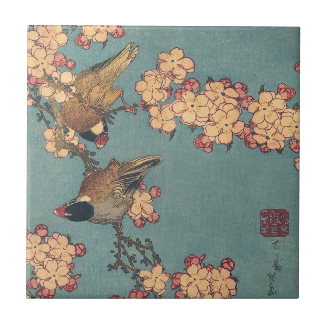 Birds Blume Hokusai Japanische Kunst Fliese (Vorderseite)