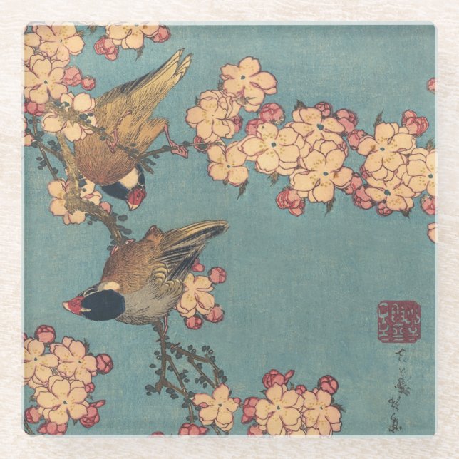 Birds Blume Hokusai Japanische Kunst Glasuntersetzer (Vorderseite)