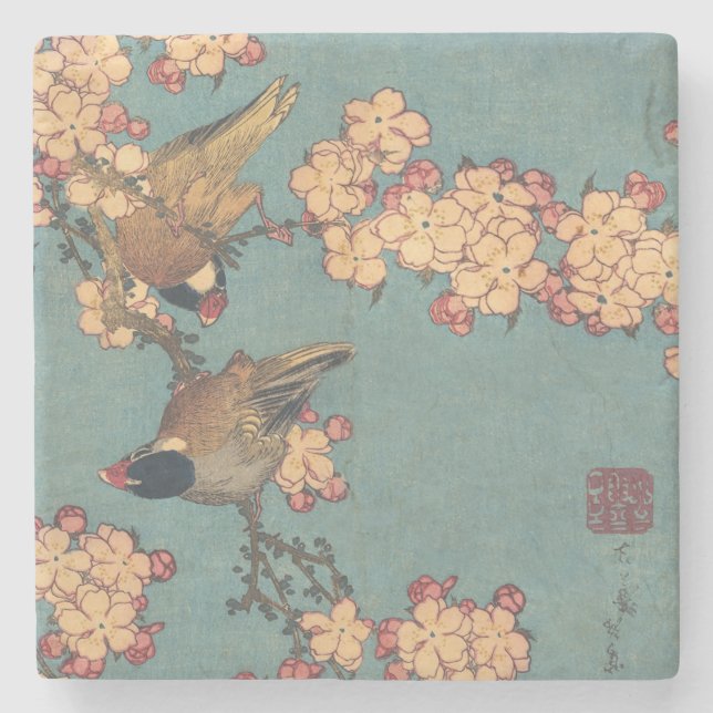 Birds Blume Hokusai Japanische Kunst Steinuntersetzer (Vorderseite)