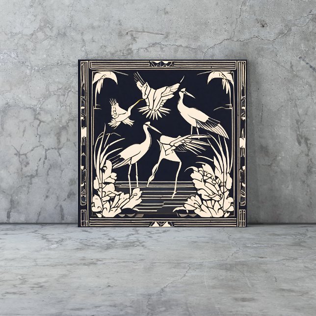 Birds Cranes Schwarz und Weiß Art Deco Nouveau Fliese (birds tiles are a vintage Art Deco style with cranes in black and cream geometric style)
