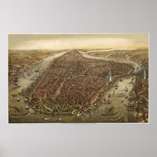 Bird's Eye Map of Manhattan New York City, 1873 Poster (Vorne)