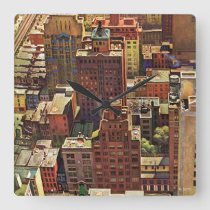 Bird's-Eye View of New York City by John Falter Quadratische Wanduhr