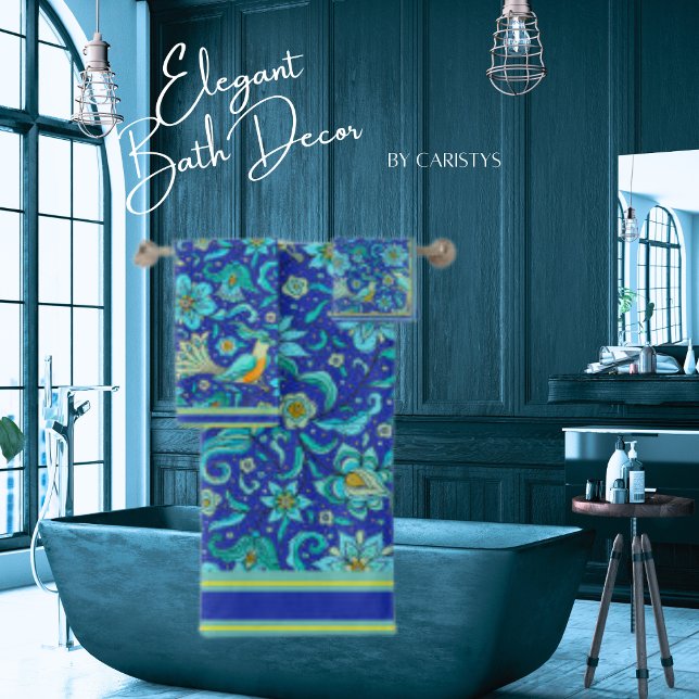 Birds Florals Royal Blue, Yellow, Aqua Badhandtuch Set (Von Creator hochgeladen)